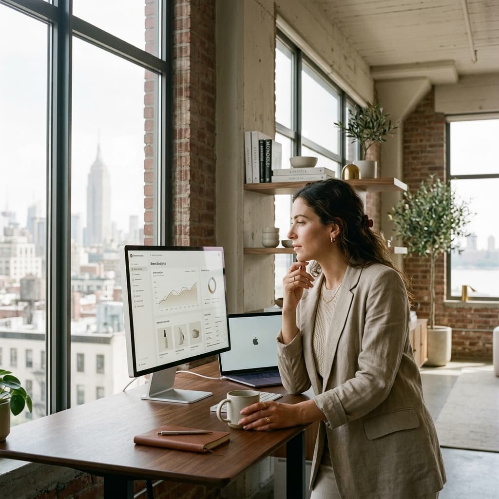 Modern Shopify Merchant looking at store dashboard analytics in a loft workspace